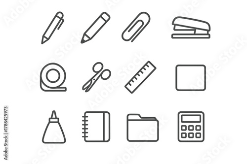 Office Supplies Icons. office supplies display. Line icon set of office supplies display: pen, pencil, paperclip, stapler, tape, scissors, ruler, eraser, glue,