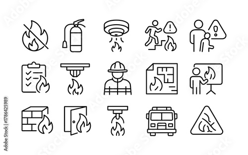 Fire safety icons set with fire extinguisher, alarm, and emergency exit signs in linear style