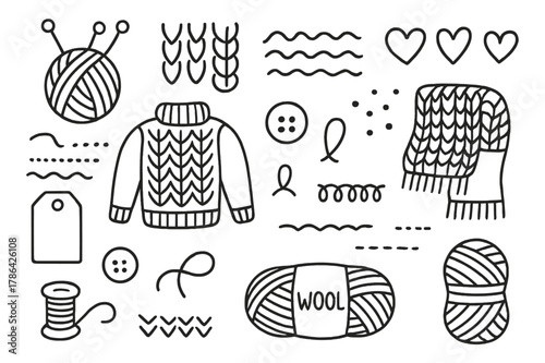 Knitted Pattern Doodles. Knitted patterns. Hand-drawn doodle illustration knitted patterns yarn ball, needles, loops, stitch lines, sweater, scarf, zigzag,