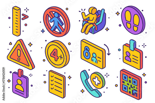 Safety Signage Icons. ride safety signage. Colorful isometric vector icons set of ride safety signage: height requirement ruler, no running icon, hold on tight