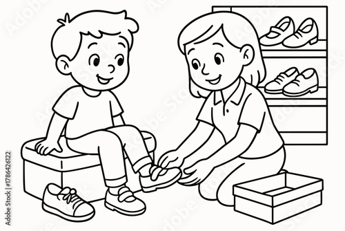 Children's Shoe Fitting. Shoe fitting children?s coloring book illustration, outlined drawing, child trying on