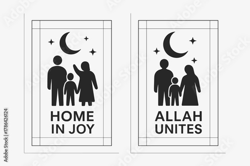 Family Silhouette Banners. Family Joy. Two vertical A6 banners with safe margins, centered composition, no elements touching edges, modern, black and white,