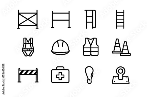 Scaffolding Safety Icons. Scaffolding and Safety. Line icon set of Scaffolding and Safety: scaffold frame, guardrail, toe board, access ladder, safety harness,