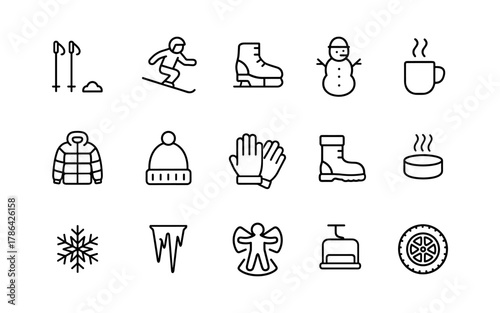 Winter icons: stylish linear design of winter sports and cozy essentials
