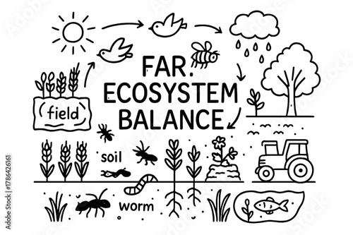 Farm Ecosystem Doodle. Farm ecosystem balance. Hand-drawn doodle illustration Farm ecosystem balance field, crops, insects, worms, birds, trees, sun, rain,