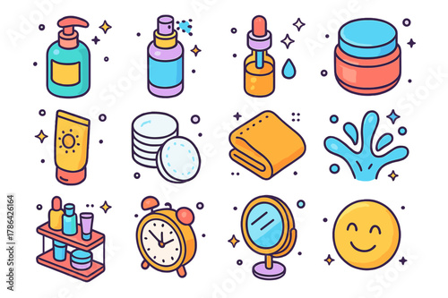 Daily Skincare Icons. Daily skincare routine. Colorful isometric vector icons set of Daily skincare routine: cleanser bottle, toner spray, serum dropper,