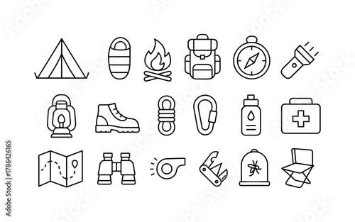 Essential camping and hiking gear icons in linear style
