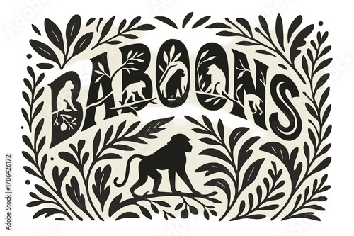 Baboons Silhouette Lettering. Decorative Display Lettering ? "Baboons" with silhouette letters containing tiny baboons, branches, fruit, and tail patterns,