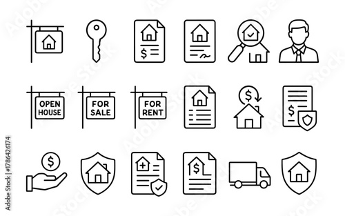 Real estate icons set in modern linear style for housing and property management