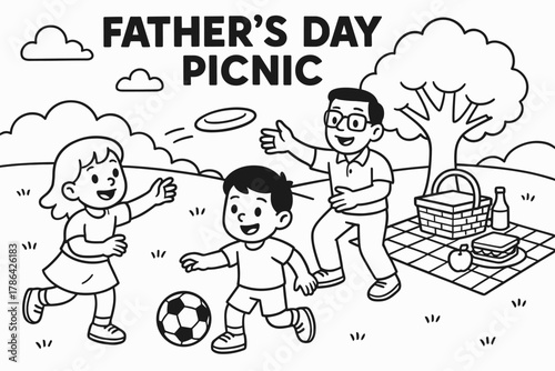 Father's Day Fun. Outdoor games at a Father?s Day picnic children?s coloring book illustration, outlined