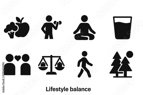 Lifestyle Icon Set. Lifestyle balance. Filled icon set of lifestyle balance: healthy food, exercise icon,
