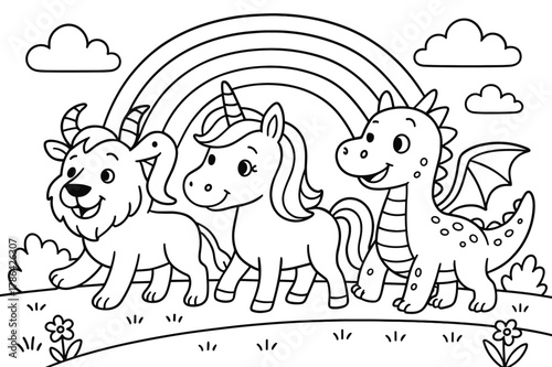 Chimera's Magical Walk. Chimera and friends adventure children?s coloring book illustration, outlined drawing, a cheerful chimera walking side by side with a