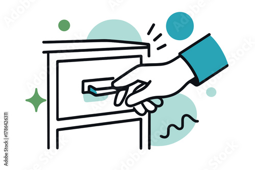 Opening the Drawer. Opening the drawer. A hand reaches toward a simple rectangular dresser handle, subtle