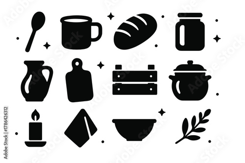 Farmhouse Kitchen Icons. Farmhouse Kitchen Decor. Solid icons set of Farmhouse Kitchen Decor: wooden spoon, enamel mug, bread loaf, jar, milk jug, cutting