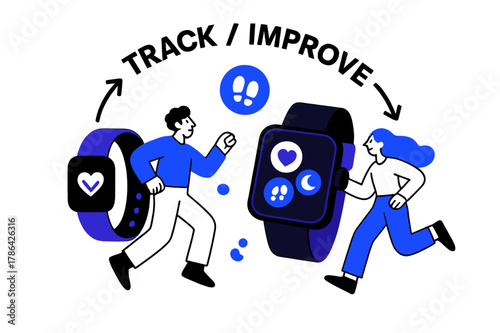 Wearable Health Tech. Healthcare Tech ? Wearable Devices. A wristband and smartwatch display health icons?heart rate, steps, sleep. Arrows circle around
