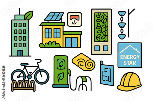 Eco-Friendly Building Icons. Green buildings. Colorful Hand-drawn doodle Children illustration Green buildings office tower with leaf, rooftop solar, smart