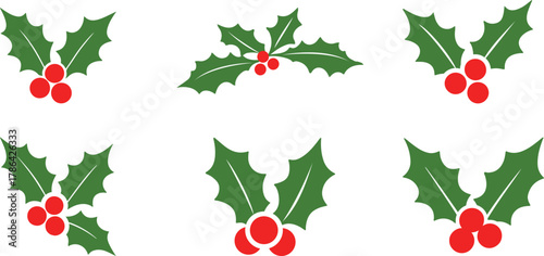 Christmas holly berries border pattern. Christmas holly. Set of different holly for christmas. Different new year characters. Colorful cartoon holly . New Year characters in the form of Christmas.