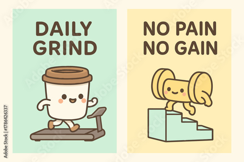 Kawaii Daily Inspiration. Daily grind. Two vertical A6 banners with safe margins, centered composition, no elements touching edges, kawaii, pastel mint and