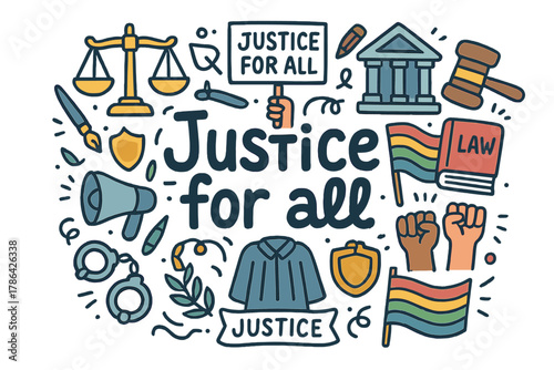 Justice Doodle Elements. Justice for all. Hand-drawn doodle illustration of Justice for all. Scales of justice