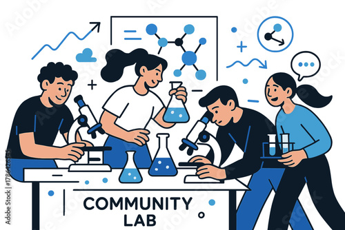 Vibrant Community Lab. Community lab. Enthusiasts working in a shared space full of microscopes, glassware,