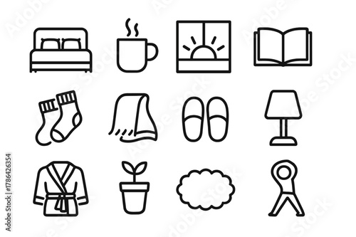 Morning Comfort Icons. Morning Comfort. Line icon set of Morning Comfort: bed with pillows, steaming mug, sunrise window, open book, warm socks, blanket,