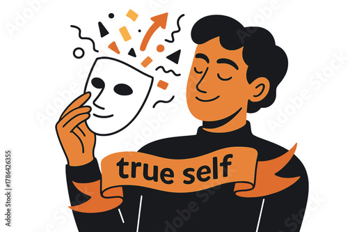 Mask & Reveal. Conceptual Portrait ? Mask & Reveal. The subject lifts a minimal mask; confetti shapes drift out like released thoughts. Ribbon text: ?true