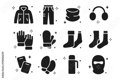 Winter Warmth Icons. Winter outdoor activity warmth. Solid icons set of Winter outdoor activity warmth: ski jacket, insulated pants, neck gaiter, ear warmers,