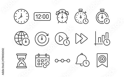 Minimalist time management icons: clocks, calendars, alarms, and graphs in linear style
