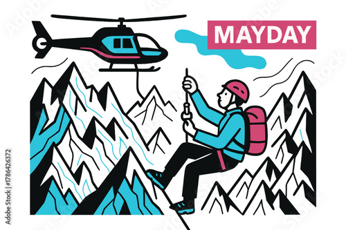 Ridge Rescue Helicopter. High-Altitude Ridge Pickup. Thin air, sharp peaks; the helicopter noses in while a climber clips into the hoist. A minimalist ?MAYDAY?