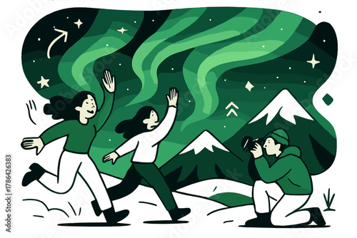 Aurora Over Snowy Peaks. Northern lights. Soft waves of green and blue aurora lighting up a snowy mountain