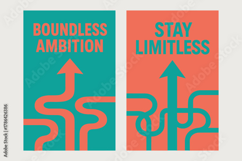 Ambition and Limitless Paths. Boundless ambition. Two vertical A6 banners with safe margins, centered composition, no elements touching edges,