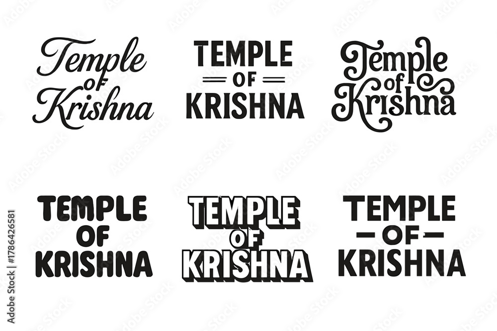 Obraz premium Krishna Emblem Lettering. Temple of Krishna. Set lettering. harmonious lettering variations of the same emblematic concept, each with different artistic