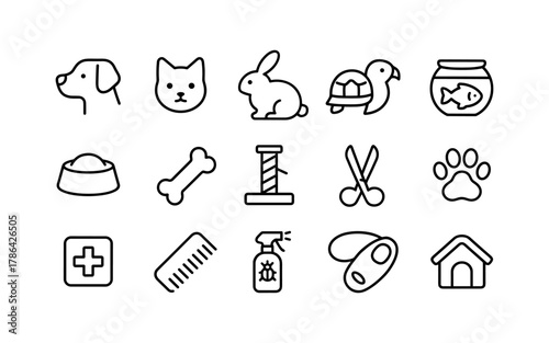 Pet care icons set: essential line art symbols for animal lovers