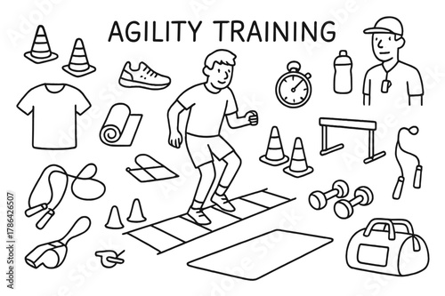 Agility Training Essentials. Agility Training. Hand-drawn doodle illustration Agility Training person stepping on agility ladder, cones, sneakers, stopwatch,