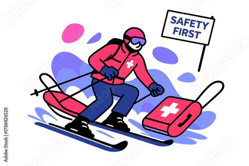Ski Patrol Rescue. Ski Patrol In Action. A rescuer carves with a sled, red cross emblem gleaming; urgency meets calm precision. ?Safety First? hangs in the