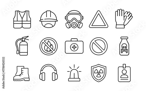 Essential safety equipment icons for workplace protection and hazard awareness