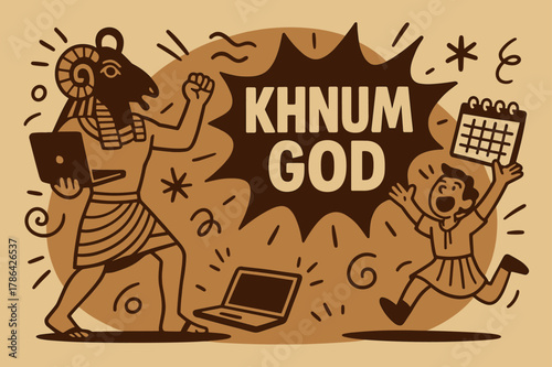 Khnum God Celebration Banner. Khnum God banner, rounded blob vector illustration, bold text inside a splash explosion shape, cartoon characters jumping and