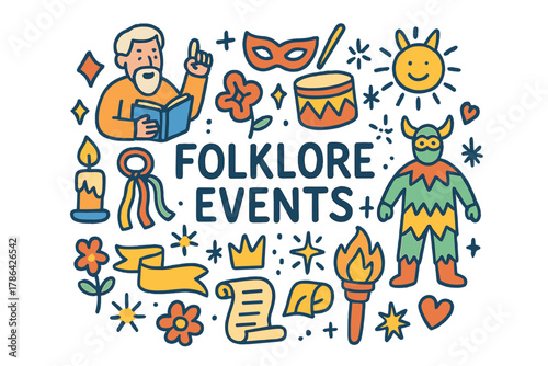 Folklore Celebration Doodles. Folklore events. Hand-drawn doodle illustration of folklore events. Storyteller,