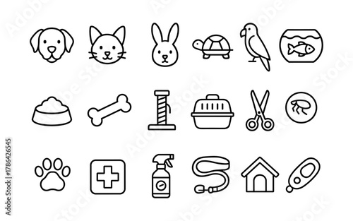 Pet care essentials: line art icons of animals, accessories, and supplies