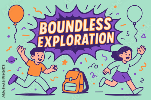 Adventure Awaits!. Boundless exploration banner, flat vector illustration, bold oversized text inside comic burst, cartoon characters running and waving,