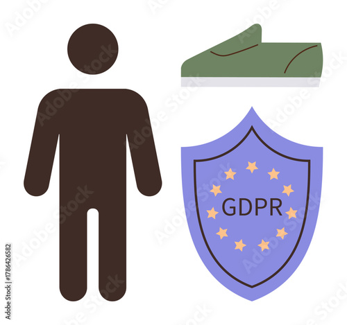 Individual icon, GDPR shield with stars and text, green shoe above. Ideal for cybersecurity, data privacy, consent, regulation, individuality compliance digital rights. Simple flat metaphor