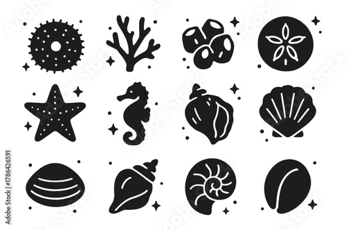 Coastal Marine Icons. Coastal Shells and Marine Life. Solid icons set of Coastal Shells and Marine Life: sea urchin test, coral branch, barnacle cluster, sand