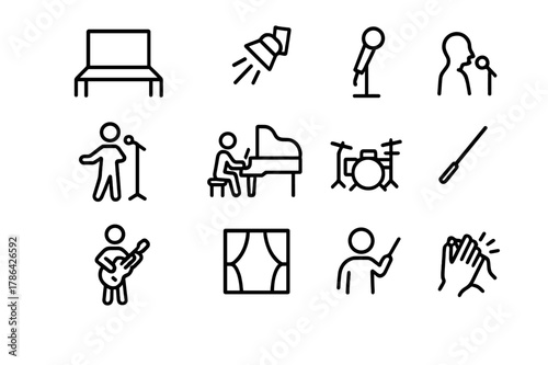 Theater Rehearsal Icons. A Musical Theater Cast Rehearsing a Song in Front of a Live Band. Line icon set of A Musical Theater Cast Rehearsing a Song in Front