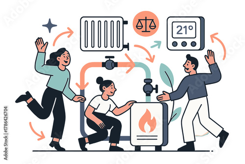 Boiler System Dynamics. Heating system diagram. Simplified boiler setup with radiators, valves, and control