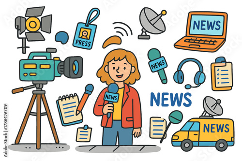 Colorful Broadcast Journalism Icons. broadcast journalism. Colorful Hand-drawn doodle Children illustration broadcast journalism reporter, camera, microphone,