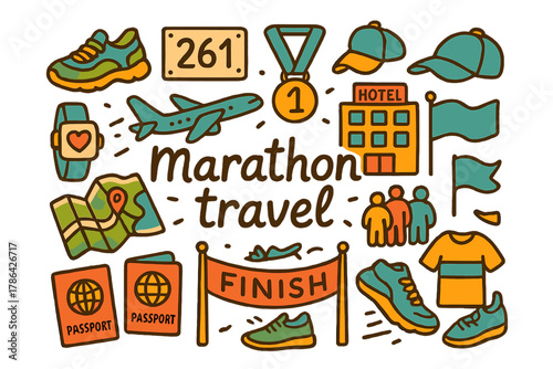 Marathon Travel Doodles. Marathon travel. Hand-drawn doodle illustration of marathon travel. Running shoes,