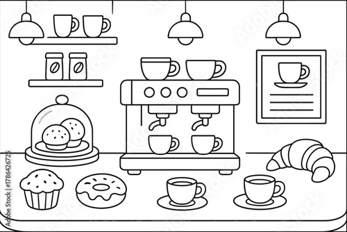 Cozy Cafe Coloring. Coffee shop counter children?s coloring book illustration, outlined drawing, cozy cafe
