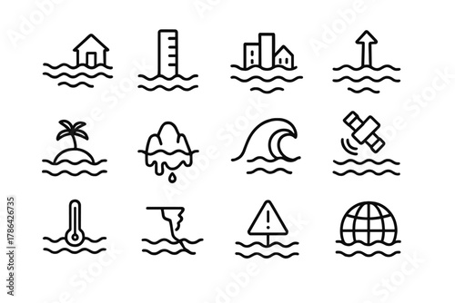 Sea Level Icons. Sea level rise. Line outline icon set of sea level rise: flooded coastline, water gauge,