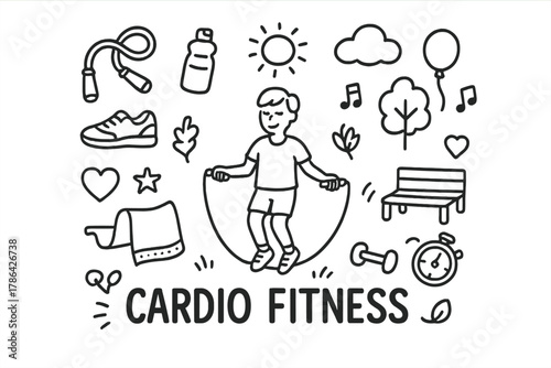 Cardio Fitness Doodle. Cardio Fitness. Hand-drawn doodle illustration of Cardio Fitness. In the middle, one