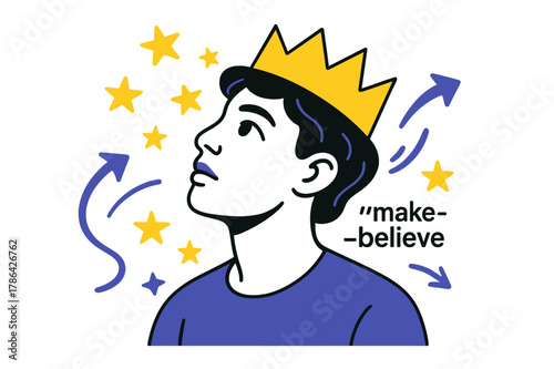 Imaginary Dreams. Conceptual Portrait ? Paper Crown. A subject in a simple paper crown looks skyward; cut-out stars scatter like ideas. Caption ?make-believe?